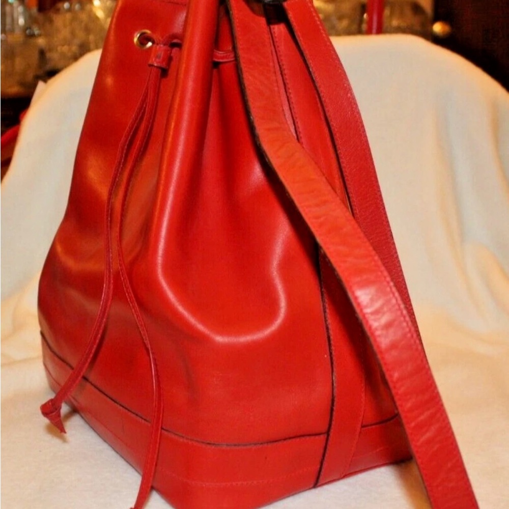 Red Leather Drawstring Bucket Bag - Picture 9 of 9